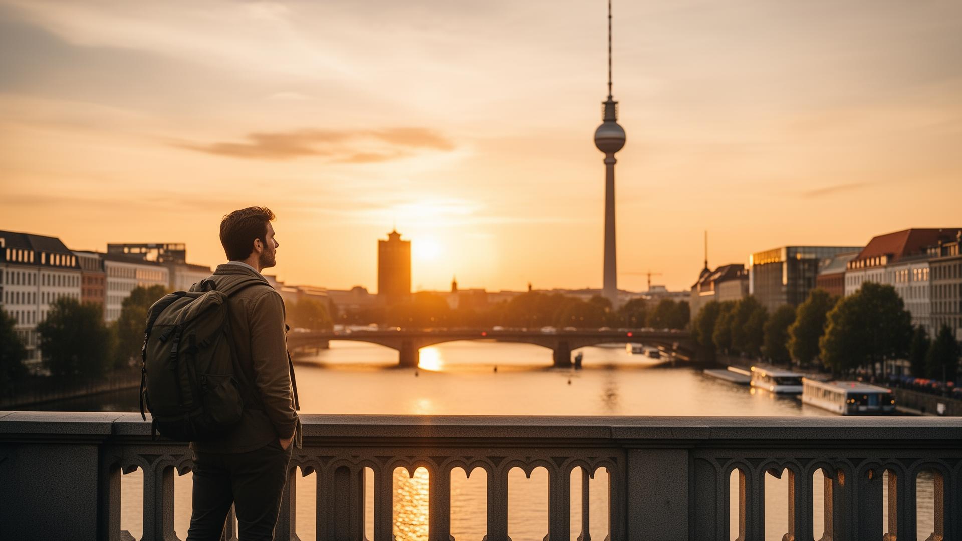 Solo-Reisender mit Rucksack auf einer Berliner Brücke blickt im Abendlicht zum Fernsehturm und zur Spree